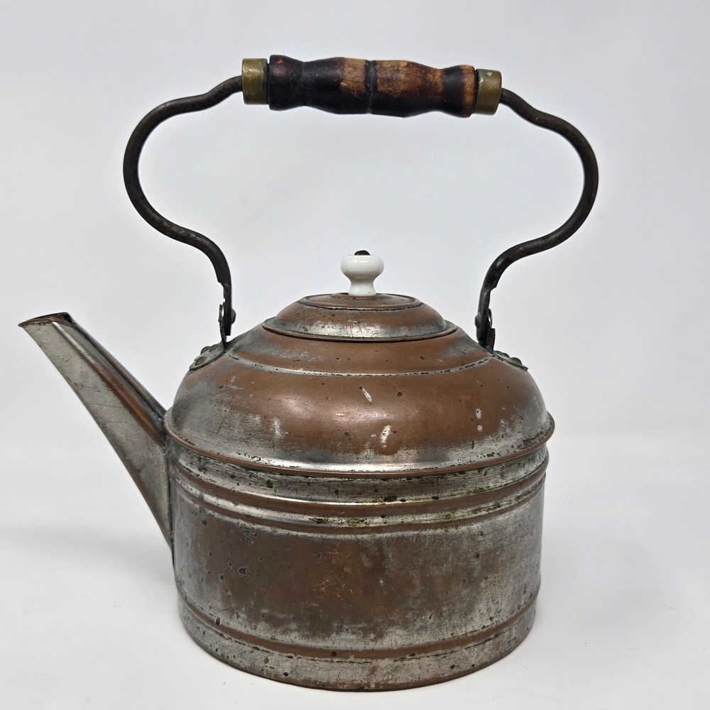 Antique Rome Copper Tea Kettle Wood Handle Primitive Farmhouse Decor‎ Pot